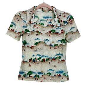 Vintage Town Hills Sky Mountains Print Retro Tee T-shirt Top Blouse Cottagecore